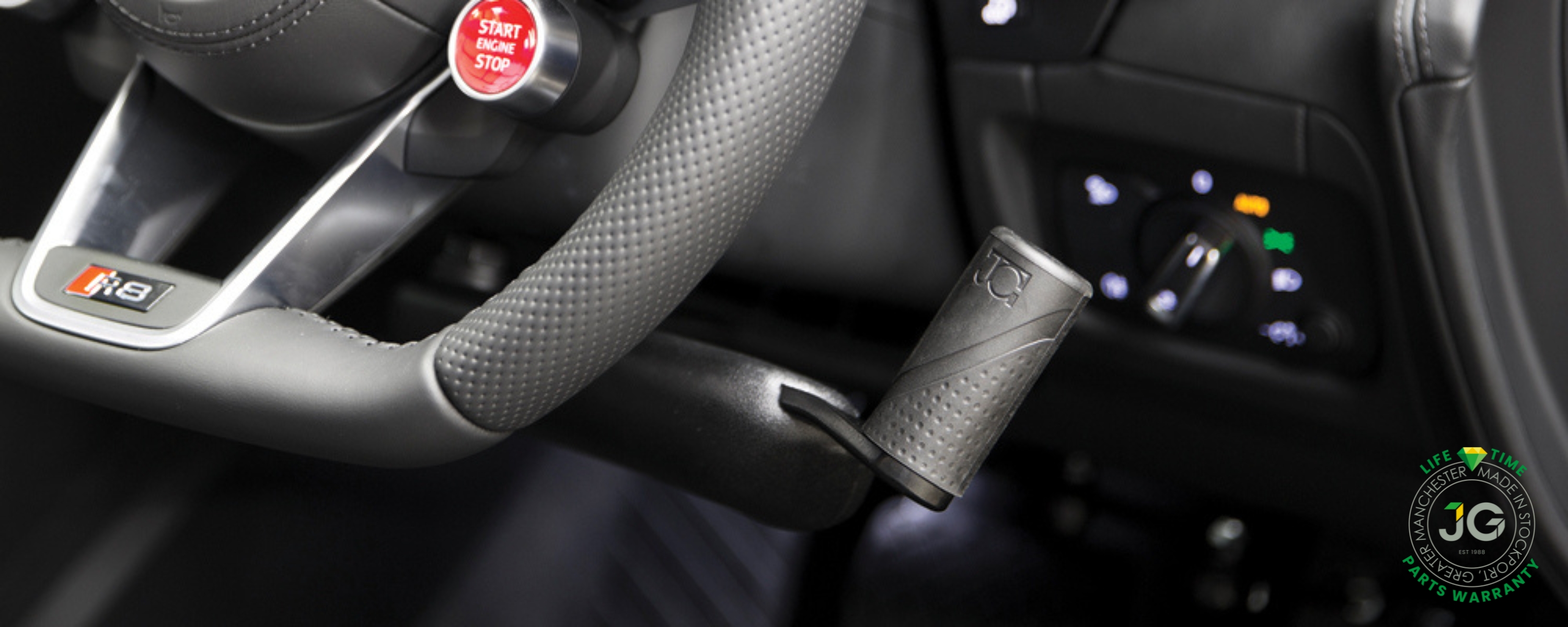 Push/pull hand control lever fitted below a car steering wheel