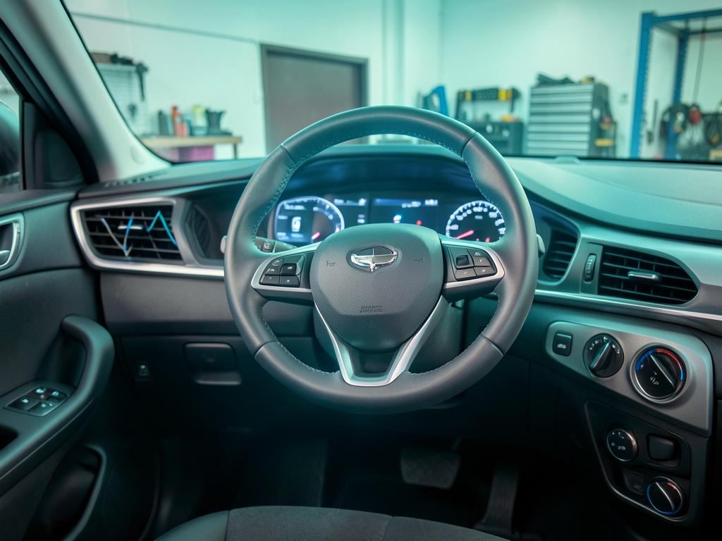 Steering wheel in a modern vehicle interior, representing Power Steering Lightening
