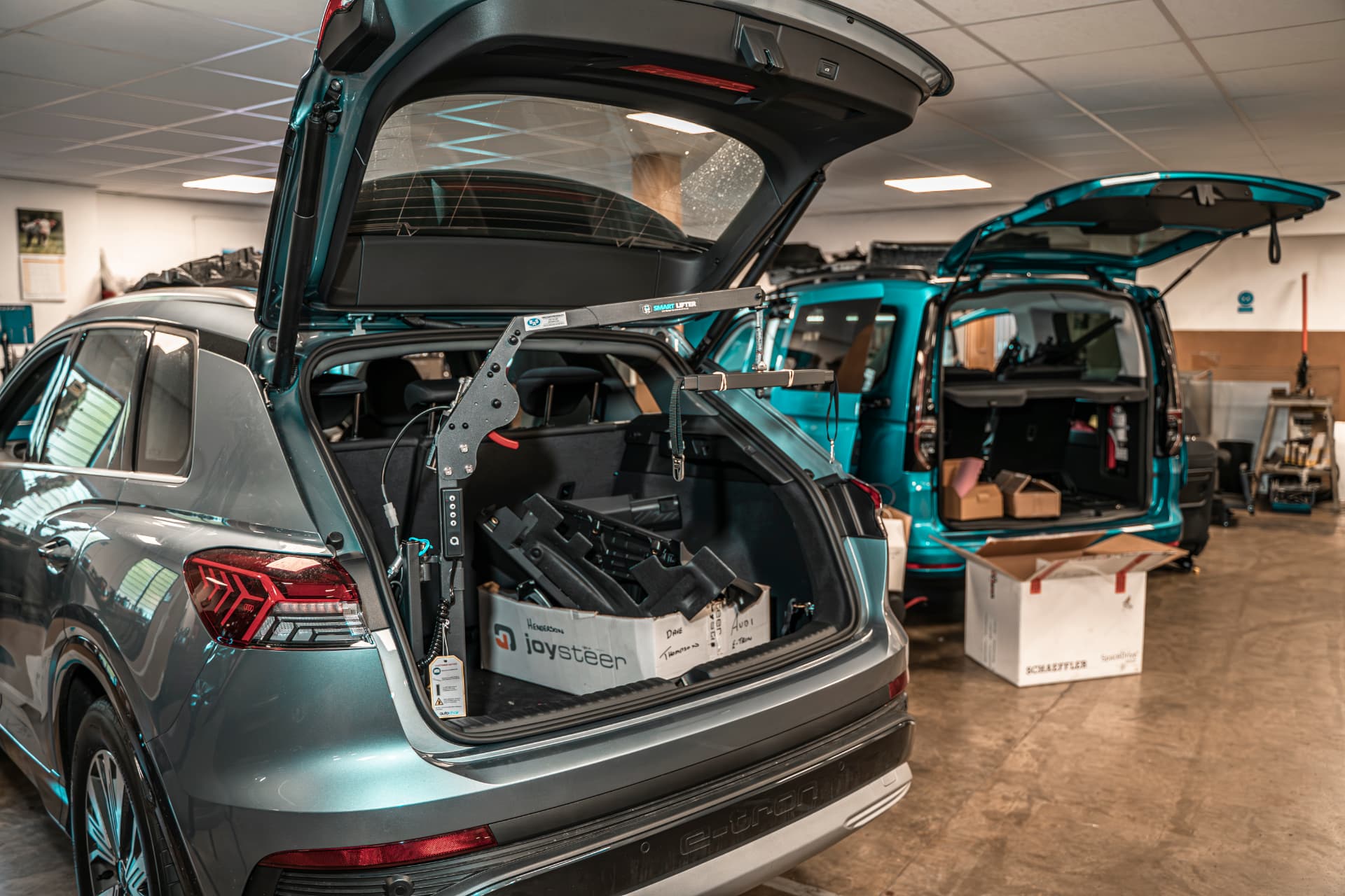 A vehicle in the Steering Developments workshop being prepared for a customer conversion