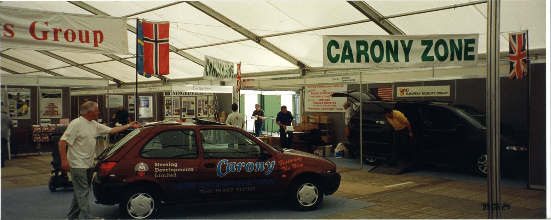 Our Carony Zone stand, demonstrating the Carony swivel seat wheelchair system