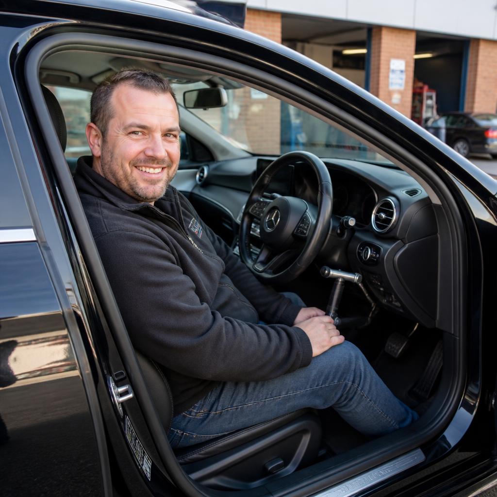 Tom sitting in his adapted Mercedes fitted with Paravan SpaceDrive controls